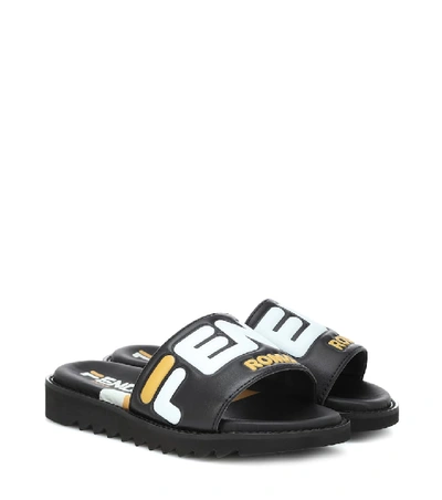 Shop Fendi Mania Leather Slides In Black