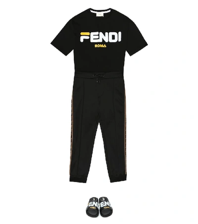 Shop Fendi Mania Leather Slides In Black