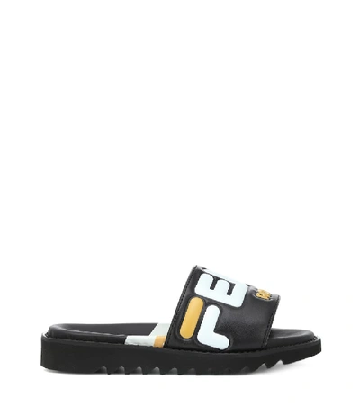 Shop Fendi Mania Leather Slides In Black