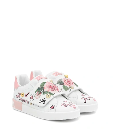 Shop Dolce & Gabbana Portofino Floral Leather Sneakers In White