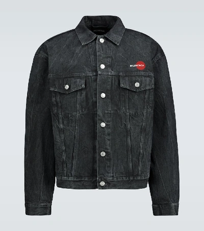 Shop Balenciaga Uniform Logo Denim Jacket In Black