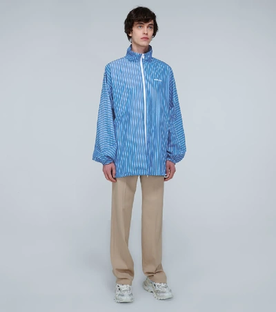 Shop Balenciaga Striped Logo Zip-up Jacket In Blue
