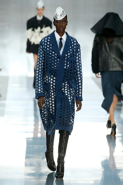 Shop Maison Margiela Perforated Wool-blend Coat In Blue