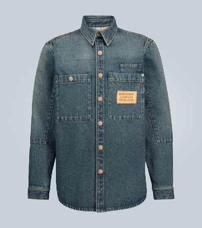 Shop Burberry Denim Overshirt With Logo In Blue