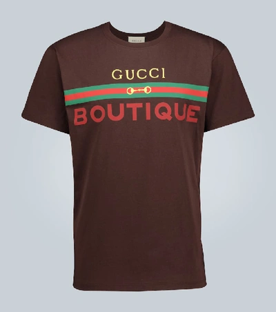 Shop Gucci Boutique Printed Cotton T-shirt In Brown