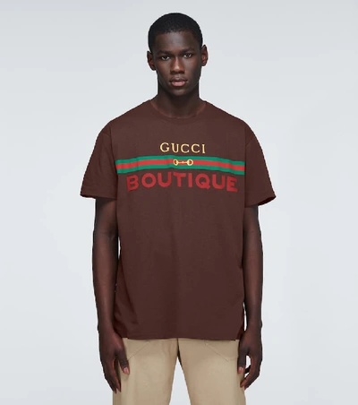 Shop Gucci Boutique Printed Cotton T-shirt In Brown