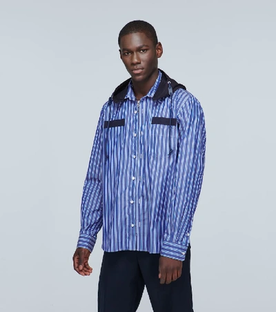 Shop Sacai Striped Hooded Shirt In Blue