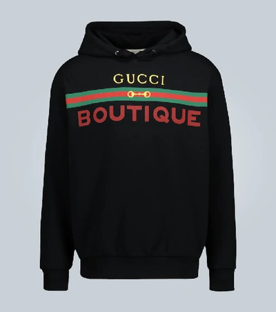 Shop Gucci Boutique Printed Hooded Sweatshirt In Black