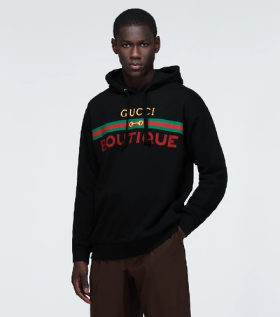 Shop Gucci Boutique Printed Hooded Sweatshirt In Black