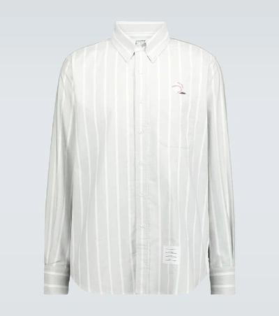 Shop Thom Browne Baseball Icon Striped Oxford Shirt In Grey