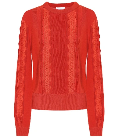 Shop Chloé Lace-trimmed Wool Sweater In Orange