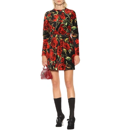 Shop Dolce & Gabbana Floral-printed Velvet Minidress In Red