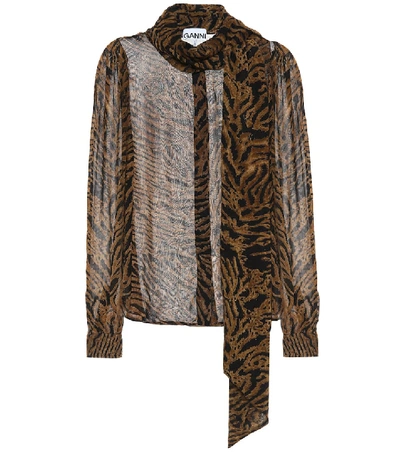 Shop Ganni Tiger-printed Georgette Shirt In Brown