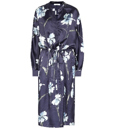 Shop Vince Iris Floral-print Satin Dress In Blue