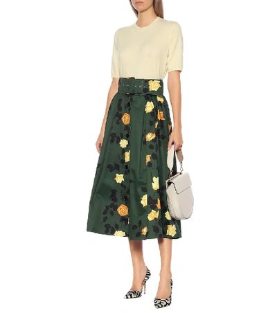 Shop Msgm Floral Cotton Midi Skirt In Green