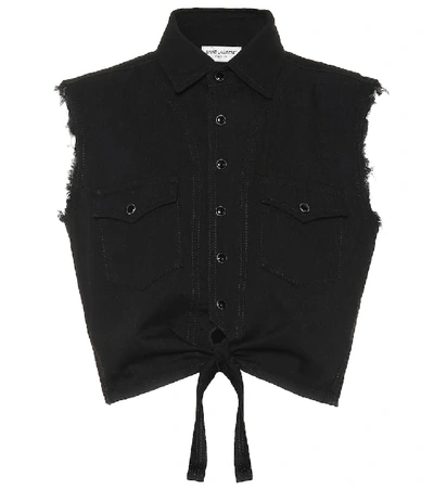 Shop Saint Laurent Sleeveless Cropped Denim Top In Black