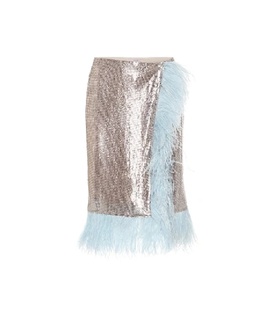 Shop Christopher Kane Feather-trimmed Mesh Midi Skirt In Silver