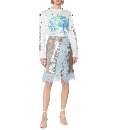 Shop Christopher Kane Feather-trimmed Mesh Midi Skirt In Silver