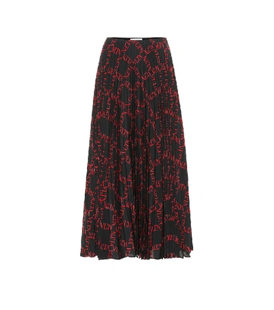 Shop Valentino Printed Pleated Silk Midi Skirt In Black