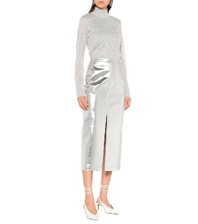 Shop Fendi Coated Denim Midi Skirt In Silver