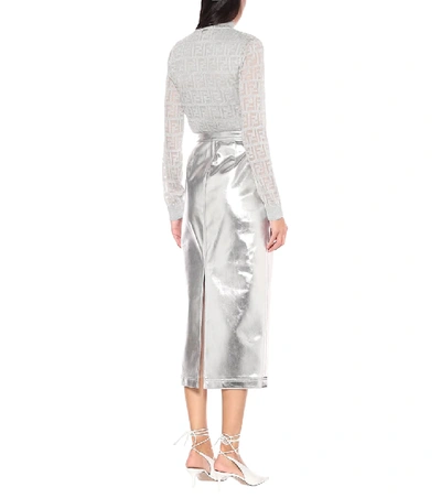 Shop Fendi Coated Denim Midi Skirt In Silver