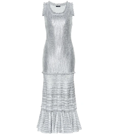 Shop Alexander Mcqueen Laddered Knit Midi Dress In Silver