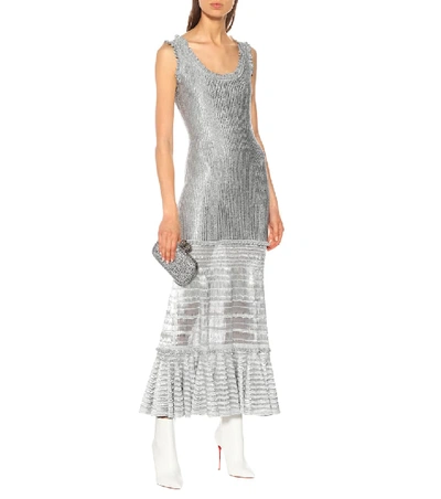 Shop Alexander Mcqueen Laddered Knit Midi Dress In Silver