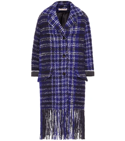 Shop Marni Fringed Tweed Coat In Blue