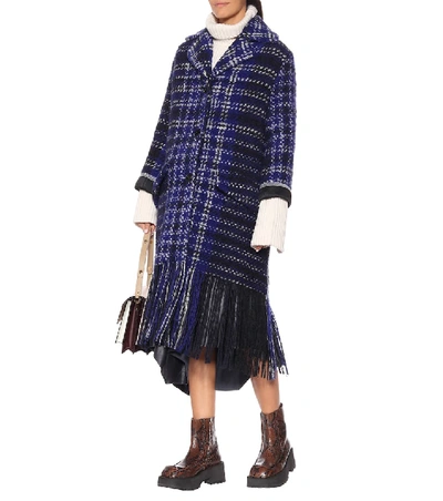 Shop Marni Fringed Tweed Coat In Blue