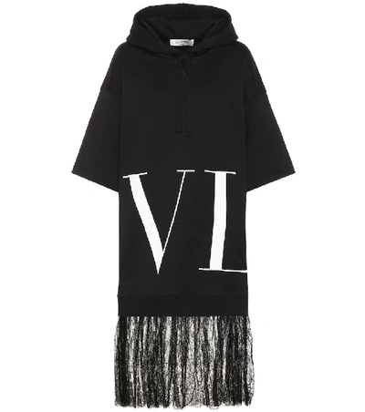Shop Valentino Vltn Cotton-blend Hoodie Dress In Black