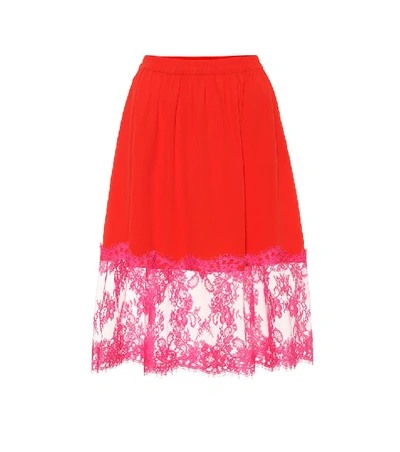 Shop Msgm Lace-trimmed Crêpe Skirt In Red