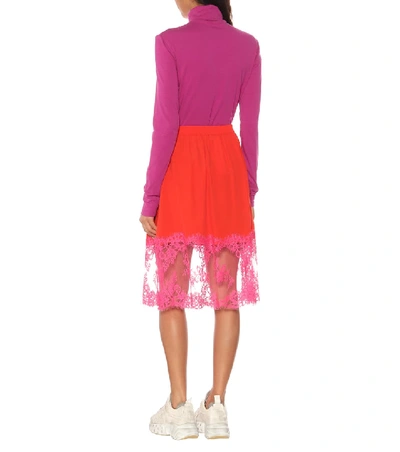 Shop Msgm Lace-trimmed Crêpe Skirt In Red