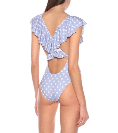 Shop Caroline Constas Ari Ruffled Dotted Swimsuit In Blue