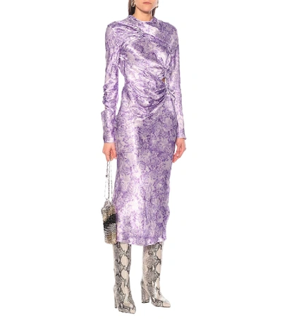 Shop Ganni Floral Satin Midi Dress In Purple