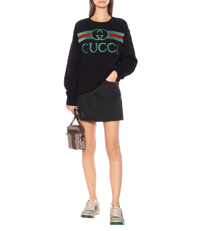 Shop Gucci Embroidered Logo Cotton Sweatshirt In Black