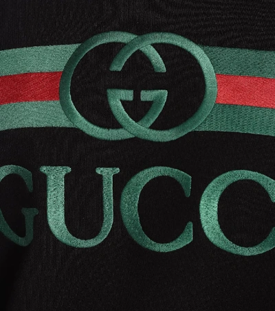 Shop Gucci Embroidered Logo Cotton Sweatshirt In Black