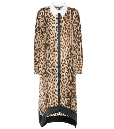 Shop Roberto Cavalli Leopard-print Silk Shirt Dress In Brown