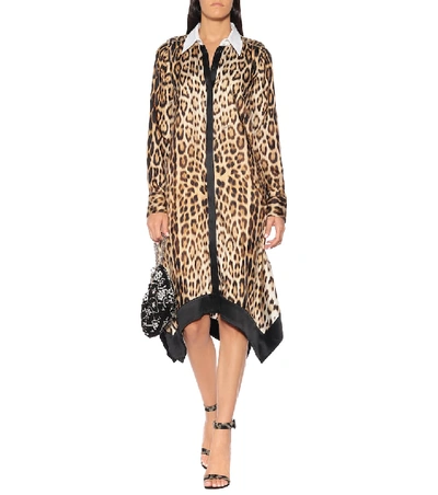 Shop Roberto Cavalli Leopard-print Silk Shirt Dress In Brown
