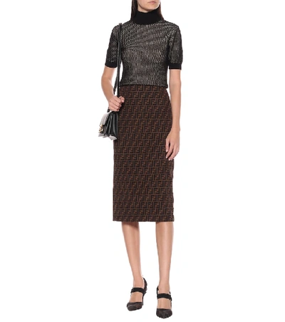 Shop Fendi Ff Micromesh Midi Skirt In Brown
