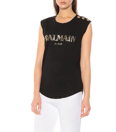 Shop Balmain Sleeveless Printed Cotton T-shirt In Black