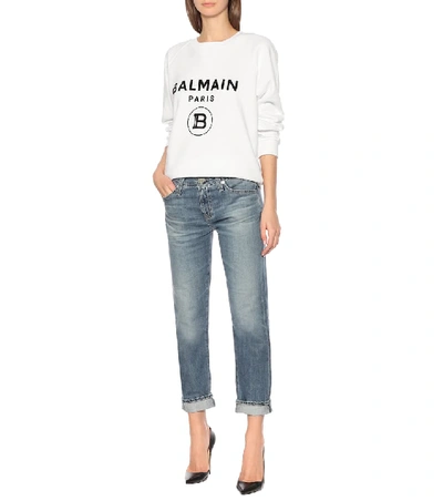 Shop Balmain Logo Cotton Sweatshirt In White