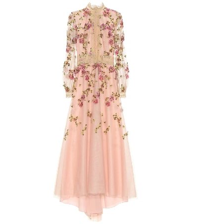 Shop Costarellos Floral-embroidered Tulle Gown In Pink