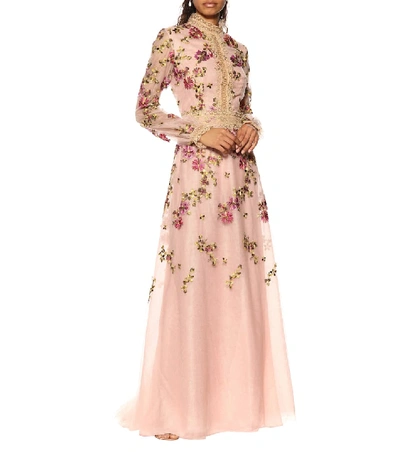 Shop Costarellos Floral-embroidered Tulle Gown In Pink