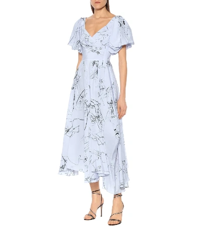 Shop Alexander Mcqueen Printed Silk Midi Dress In Blue