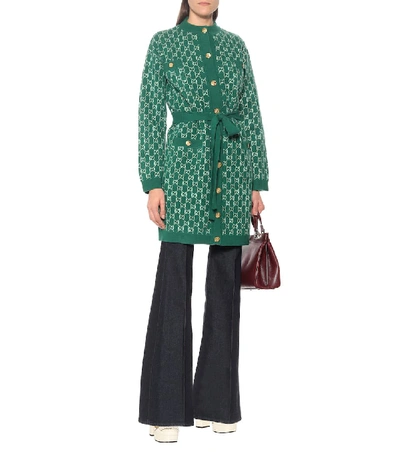 Shop Gucci Gg Jacquard Wool Cardigan In Green