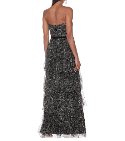 Shop Marchesa Notte Tiered Tulle Strapless Gown In Black