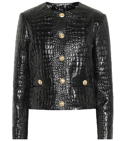 Shop Gucci Embossed Leather Jacket In Black