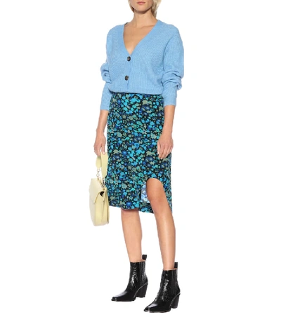 Shop Ganni Floral Silk-blend Skirt In Blue