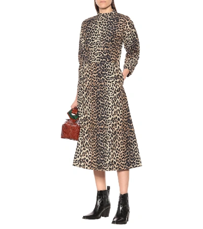 Shop Ganni Leopard Cotton Midi Dress In Brown