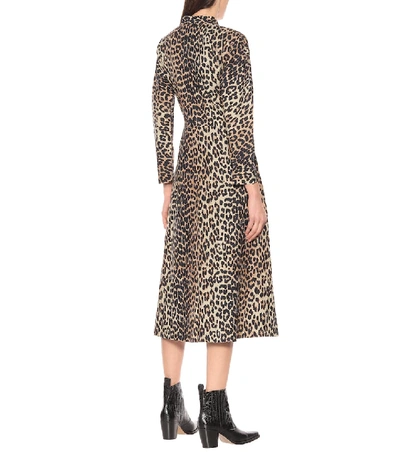 Shop Ganni Leopard Cotton Midi Dress In Brown